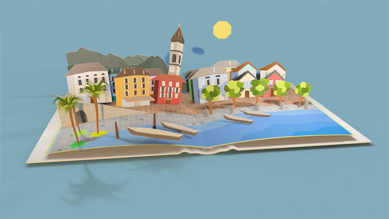 Animazione di libro con lago e nucleo di paese